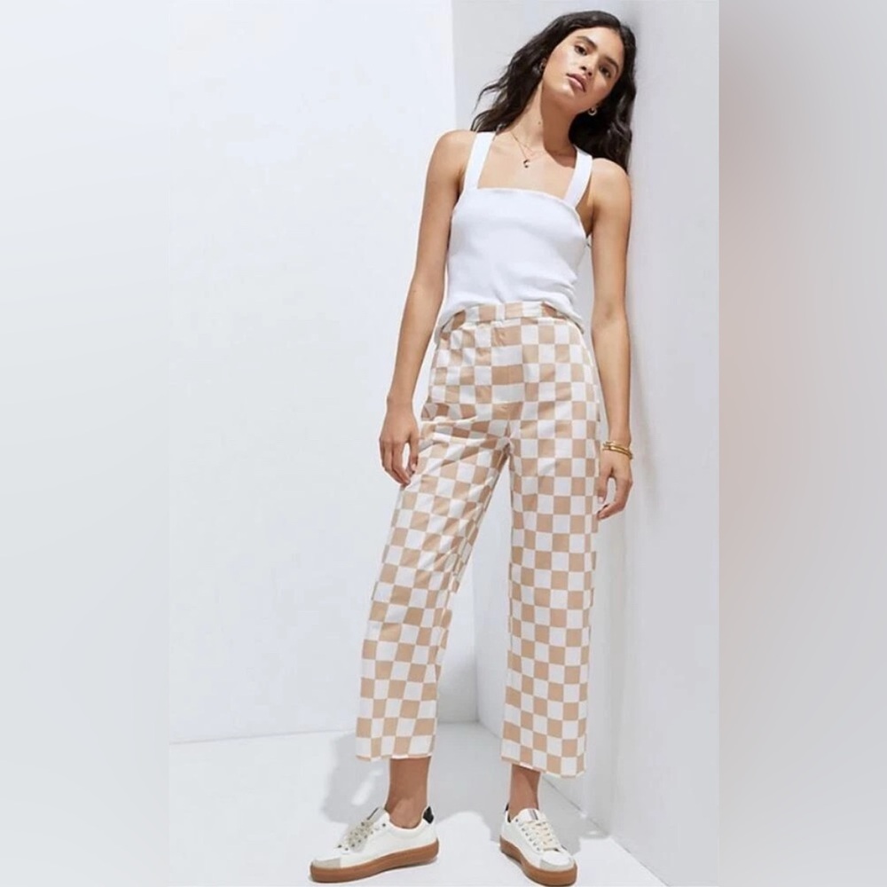 Anthropologie Hutch Wide Leg Cropped Checkerboard Pants Size 8 Tan And White